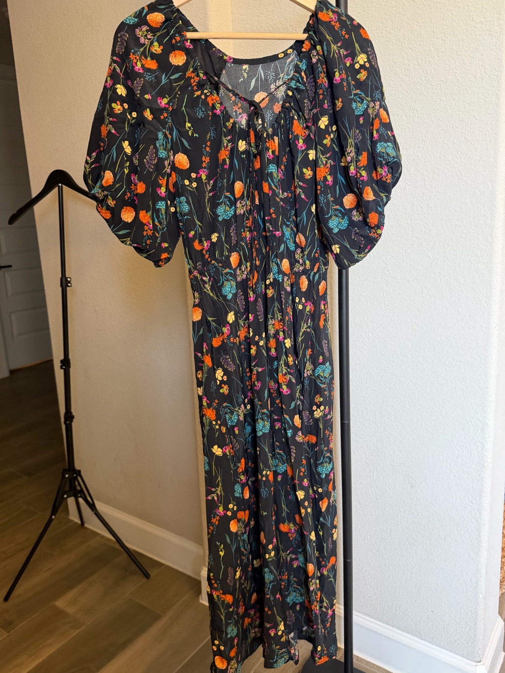 A New Day Black Floral Maxi Dress With Orange & Teal Accents M